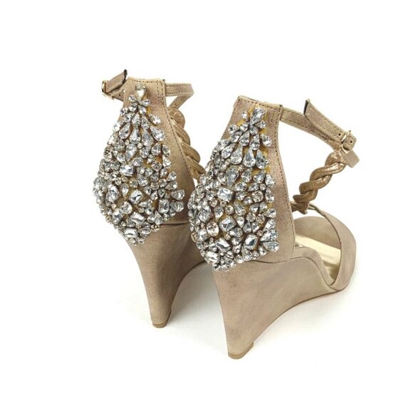 Audrey Brooke Paige Rhinestone Wedge Braided T-Strap Sandals in Gold - Size 10 - Picture 2 of 10
